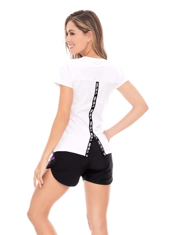 BLUSA DEPORTIVA MUJER POLIAMIDA CON ELÁSTICO EXPUESTO ESTAMPADO ABERTURA EN ESPALDA REF: 106963